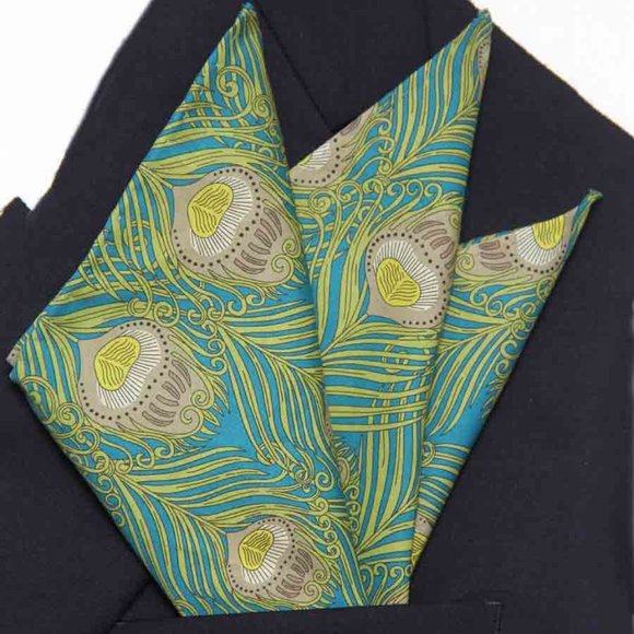 Hand Stitched Tana Lawn Cotton Fabric Pocket Square Caesar Peacock Motif Men's - Picture 2 of 3